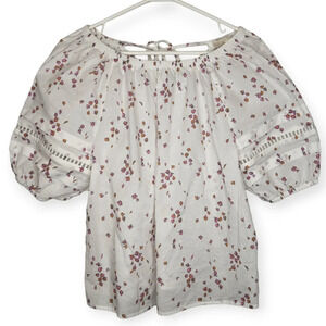 Ana Flowy  White 100% Cotton Pilgrim Top Floral Red Detail Sleeve Medium